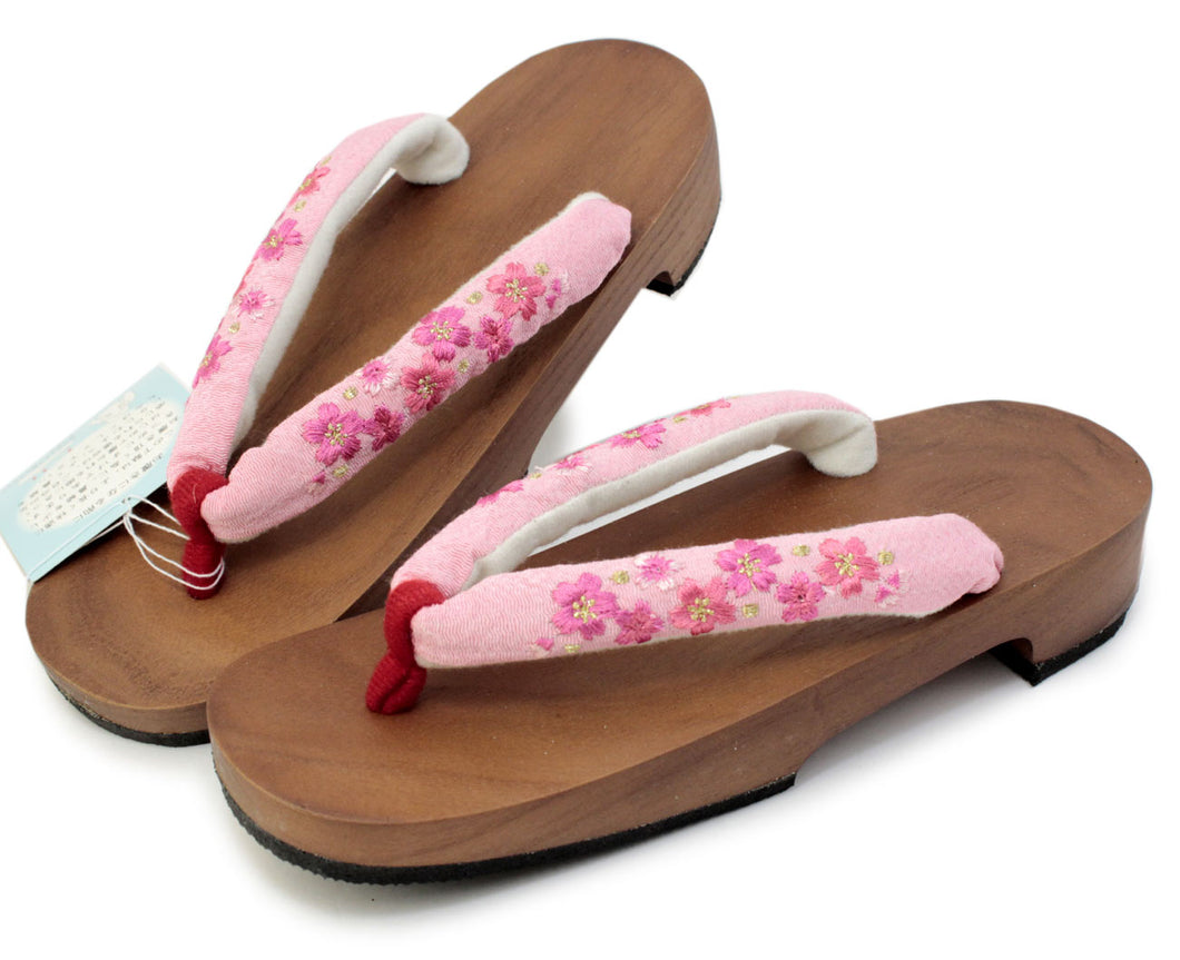 Women's Paulownia Geta(Japanese Sandals) for Japanese Traditional Kimono/Yukata: Brown Coating stand pink cloth blossom embroidery Clog thong 23.0 - 24.5cm