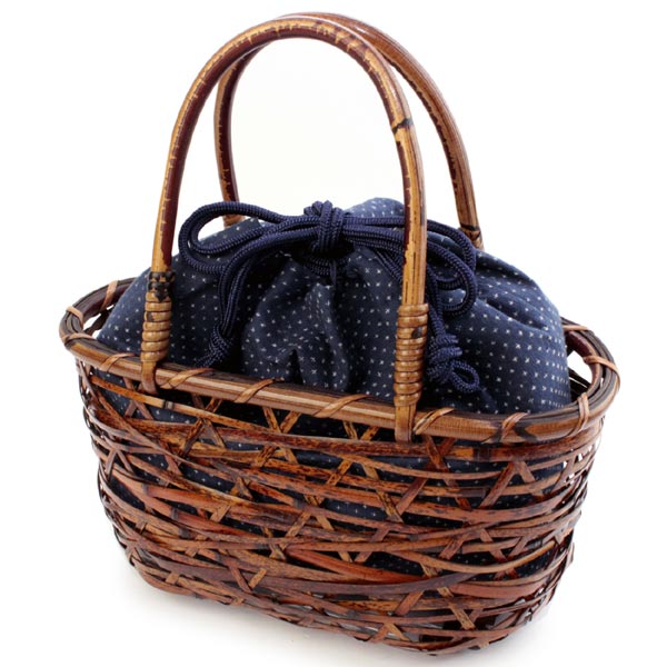 Bamboo Basket Drawstring Bag - Weeping Knitting Navy