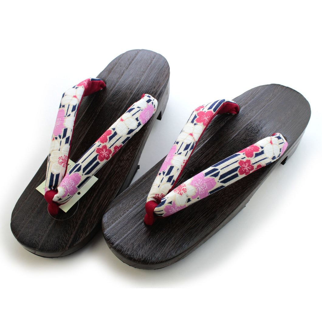 Women's Geta(Japanese Sandals) for Japanse Traditional Kimono/Yukata:: navy blue arrow feathers and cherry blossom strap, size LL