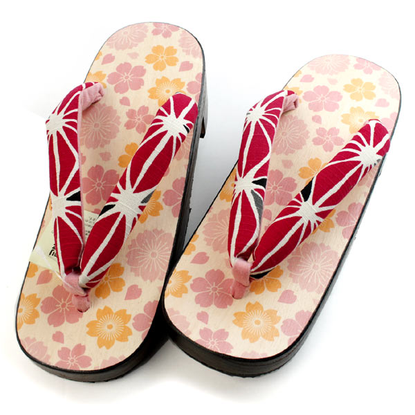 Women's Geta(Japanese Sandals) for Japanese Traditional Kimono/Yukata : - Cherry Blossoms with Red Hemp Leaves 23.0 - 24.5cm