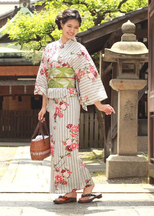 Ladies' Cotton Yukata : Japanese Traditional Clothes - White Stripe Camella anan