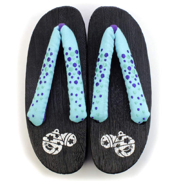 Ladies' Geta Sandals - Black Sole Light Blue Purple Dots Hanao 23 - 24 cm