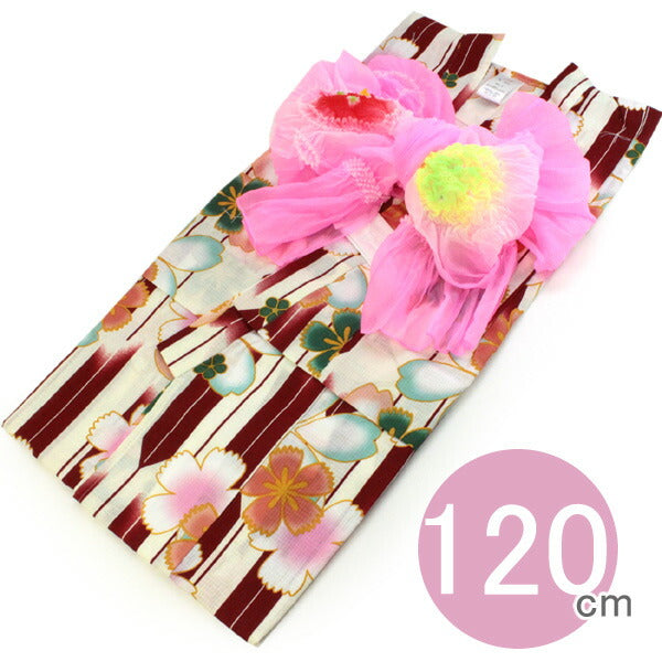 Girls' Cotton Yukata Obi 2 Item Set :Japanese Traditional Clothes  - White Arrow Feather Nadeshiko Pink 120cm