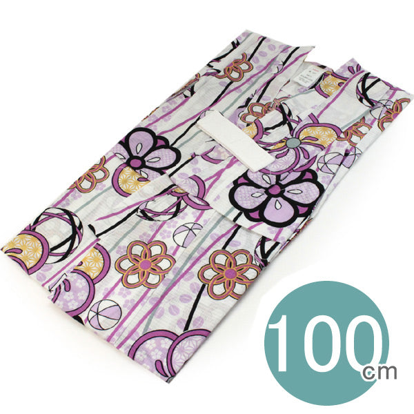 Girl's Cotton Yukata : Japanese Traditional Clothes  - White Pink Purple Plum Temari 95 - 105cm
