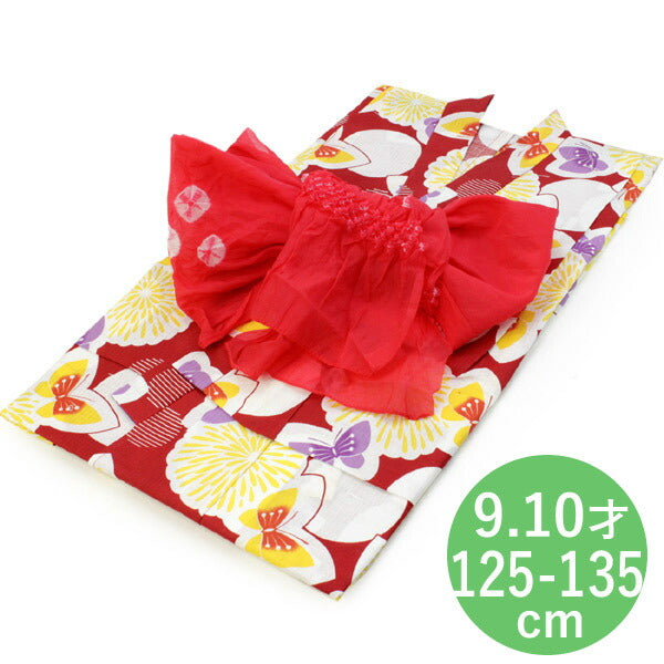 Girls' Cotton Yukata Obi 2 Item Set :Japanese Traditional Clothes - Red Fireworks Butterfly 125-135 cm