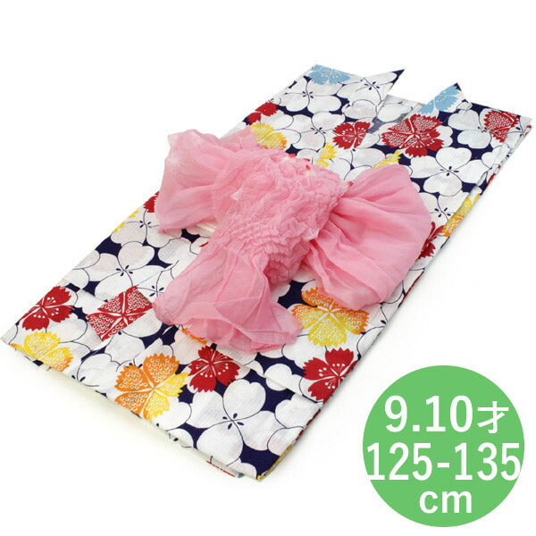 Girls' Cotton Yukata Obi 2 Item Set :Japanese Traditional Clothes  - Navy Clover 125 - 135 cm