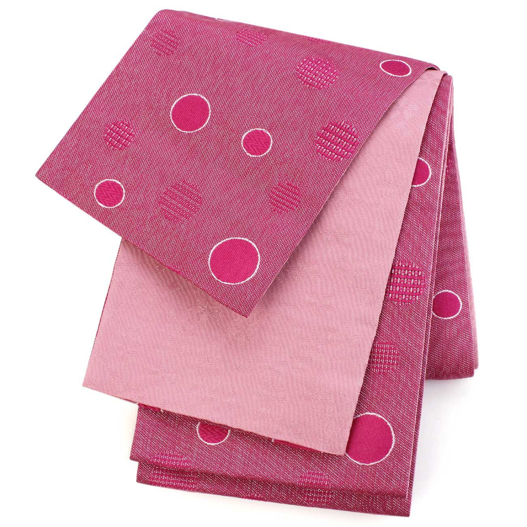 Ladies' Hanhaba-Obi for Japanese Traditional Kimono - Reversible Hot Pink Polka Dots x Pink