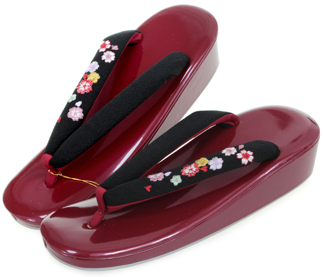Women's Zori (Japanese Sandals) for Japanese Traditional Kimono :Casual Urethane Embroidery Hanao Red x Black 22.5-24.5cm