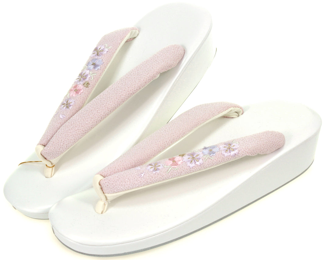 Women's Zori (Japanese Sandals) for Japanese Traditional Kimono :Casual Urethane Embroidery Hanao White x Light Pink 22.5-24.5cm
