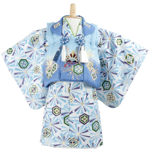 Baby Separate Kimono 3 Item Set : Japanese Traditional Clothes- White x Blue
