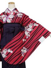 Load image into Gallery viewer, Women&#39;s Washable Two-Shaku-Sleeve Kimono : Japanese Traditional Clothes- Red Curvy Lines Reineckea Carnea Flowers
