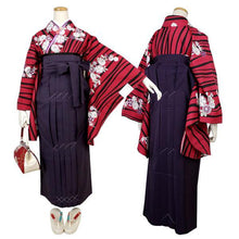 將圖片載入圖庫檢視器 Women&#39;s Washable Two-Shaku-Sleeve Kimono : Japanese Traditional Clothes- Red Curvy Lines Reineckea Carnea Flowers
