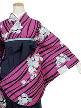 Load image into Gallery viewer, Women&#39;s Washable Two-Shaku-Sleeve Kimono: Japanese Traditional Clothes - Purple Curvy Lines Reineckea Carnea Flowers
