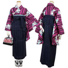 將圖片載入圖庫檢視器 Women&#39;s Washable Two-Shaku-Sleeve Kimono: Japanese Traditional Clothes - Purple Curvy Lines Reineckea Carnea Flowers
