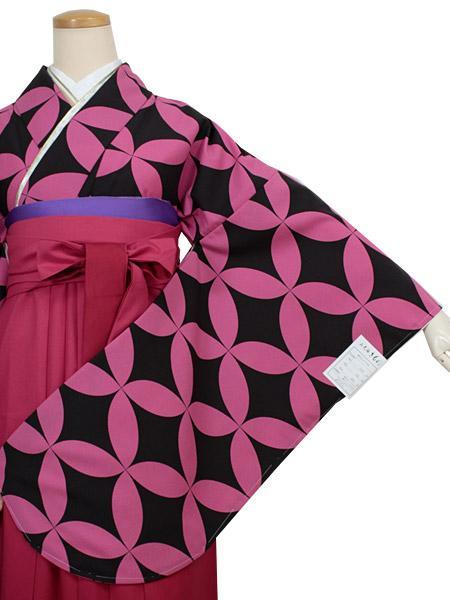 Women's Washable Two-Shaku-Sleeve Kimono: Japanese Traditional Clothes - Black x Pink Overlapping Circles