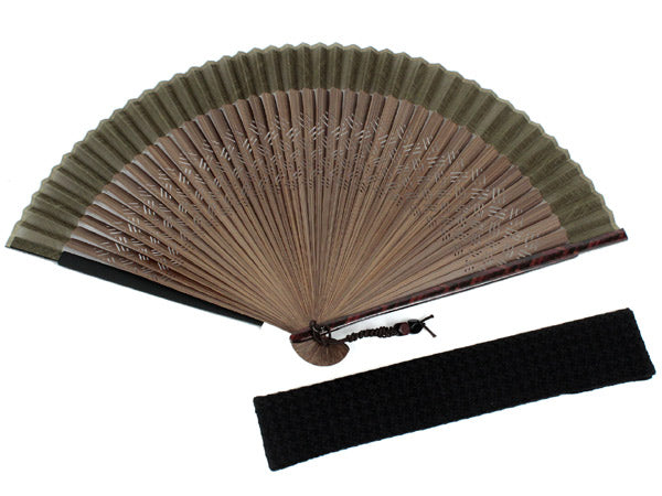 Men's Cotton Sensu :Japanese Traditional Folding Fan & Fan Bag 2-Piece Set Matcha Plain