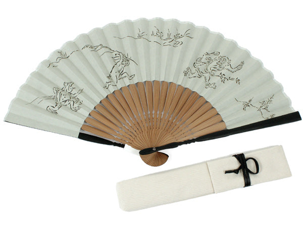 Men's Silk x Japanese Paper Sensu :Japanese Traditional Folding Fan & Fan Bag 2-Piece Set  - gray beige choju-giga