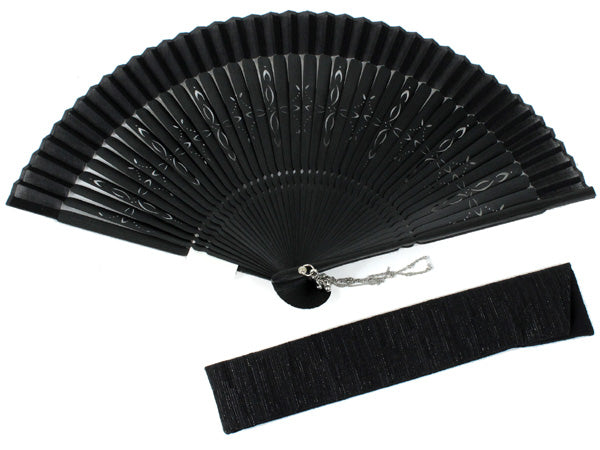 Men's Cotton Sensu :Japanese Traditional Folding Fan & Fan Bag 2-Piece Set Black Plain Pattern