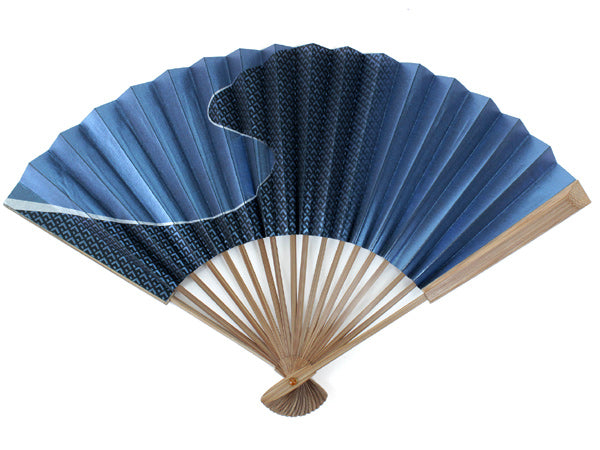 Men's Elastic Paper Sensu :Japanese Traditional Folding Fan- Dark Pearl Navy Blue Running Water Pattern