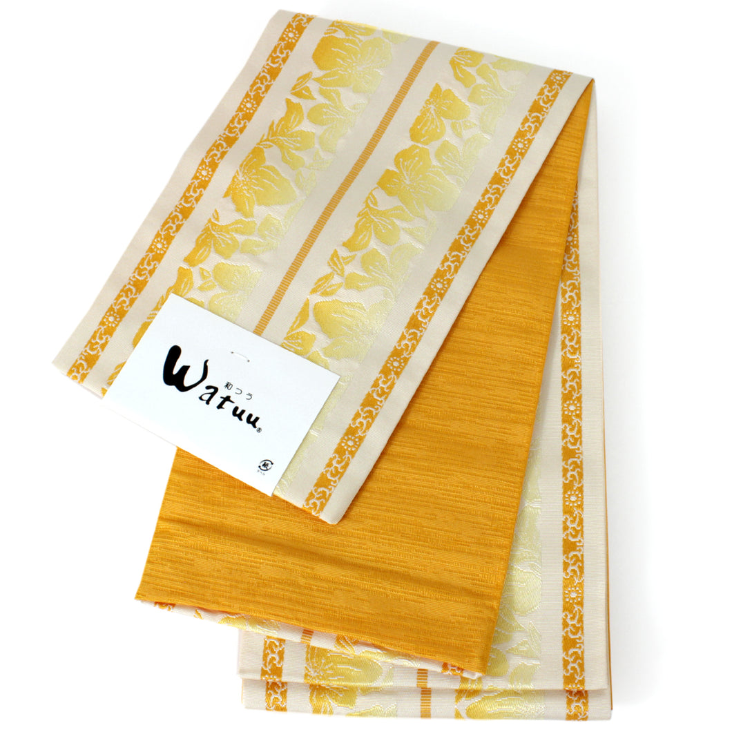 Women's Hanhaba-Obi for Japanese Traditional Kimono - Reversible Long Yellow Watuu