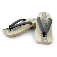 將圖片載入圖庫檢視器 Men&#39;s Paulownia Geta(Japanese Sandals) for Japanse Traditional Kimono/Yukata: *Clogs Natural White Wooden Platform Geometric Pattern Gray Sandal 24.5 - 26.5cm
