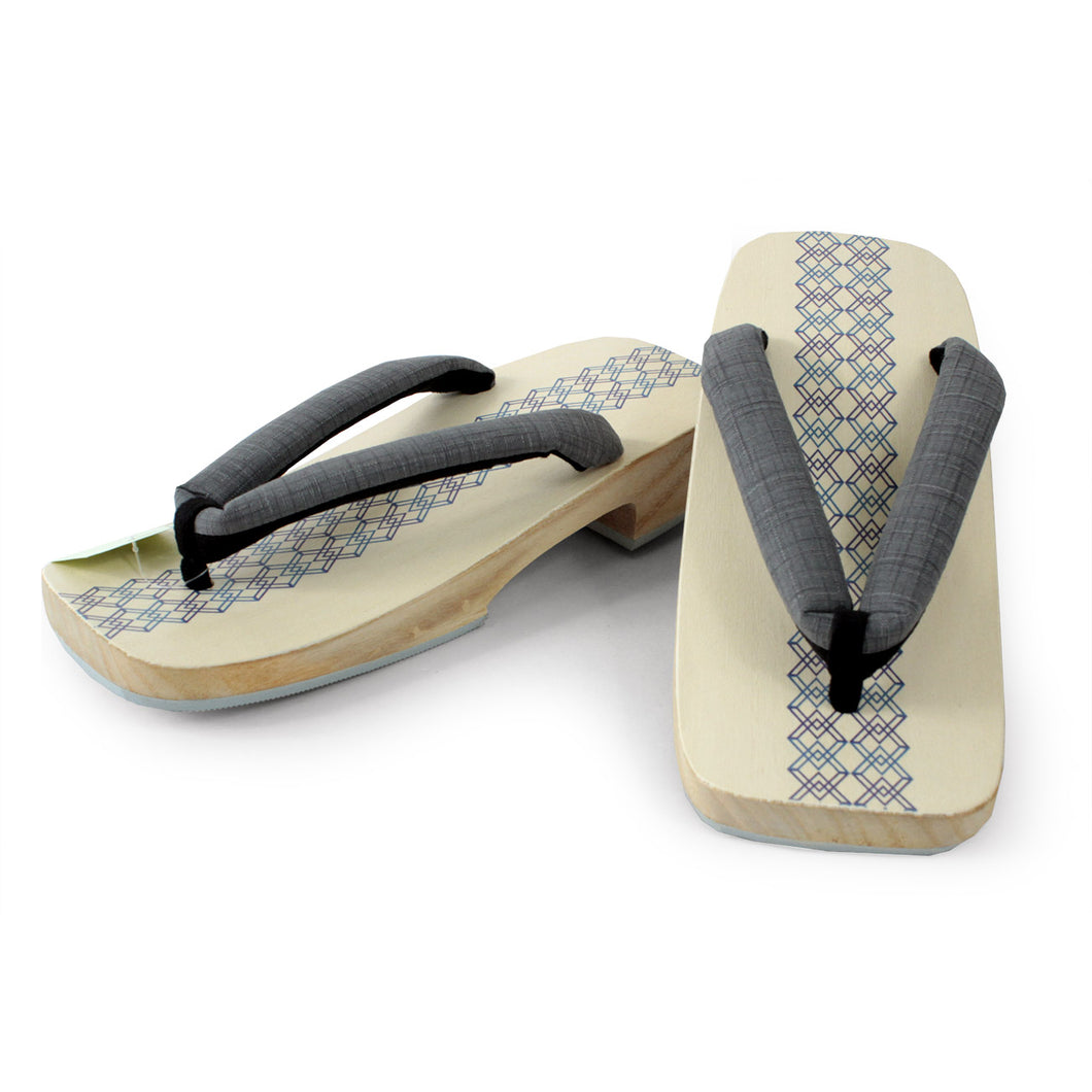 Men's Paulownia Geta(Japanese Sandals) for Japanse Traditional Kimono/Yukata: *Clogs Natural White Wooden Platform Geometric Pattern Gray Sandal 24.5 - 26.5cm