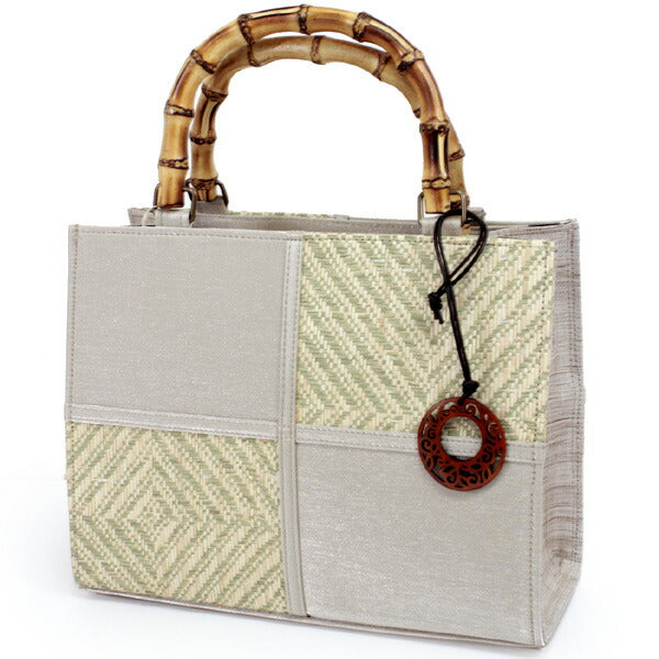 Square Tote Bag - Silver Beige x Yellow Green Checkered