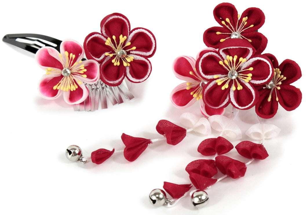 Girl's Hair Accessories 2 Piece Set  for Japanese Traditional Clothes  - Three Pins Chirimen Red