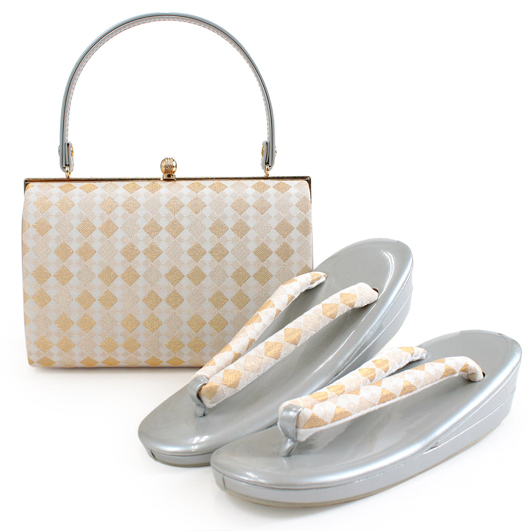 Formal Bag Zori Set: for Japanese Traditional Clothes - Beige White Gold Diagonal Lattice