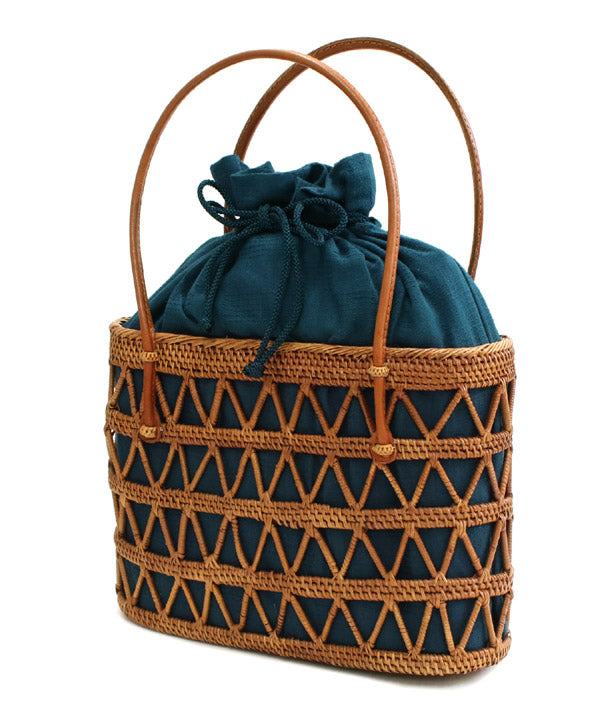 Ata bag, hand-knit, cotton linen, drawstring, navy blue