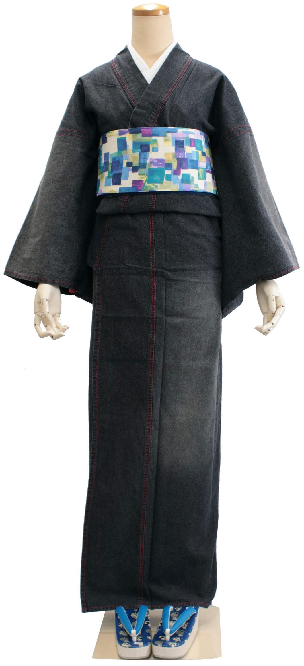 Women's Unlined Denim Kimono Black with Red Stitches: Japanese Traditional Clothes