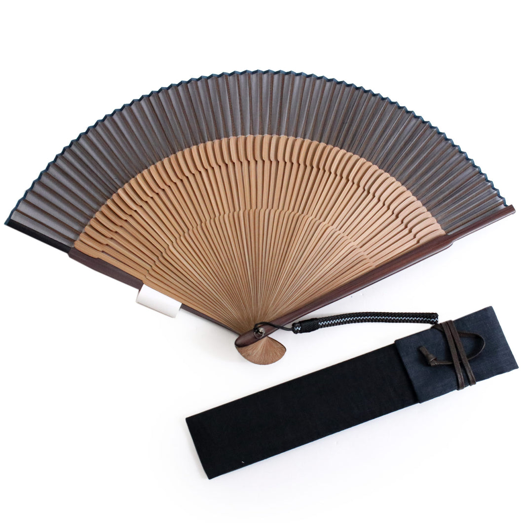 Men's Silk Sensu :Japanese Traditional Folding Fan  & Fan Bag 2 Piece Set  - Navy Blue Plain