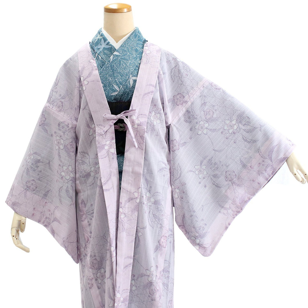 Women's Kimono Haori Jacket Long  for Japanese Traditional Clothes- Light Purple Flowers nuts, waves, cloud patterns