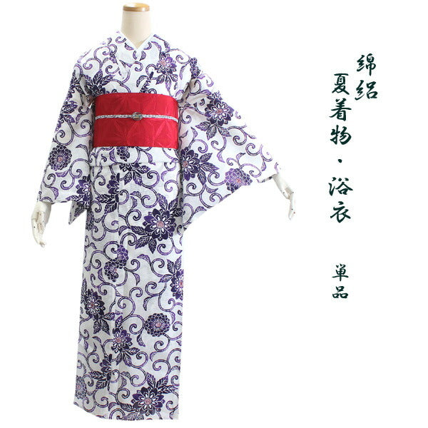 Ladies' Ro Cotton Yukata: Japanese Traditional Clothes  - White Purple Flower Arabesque