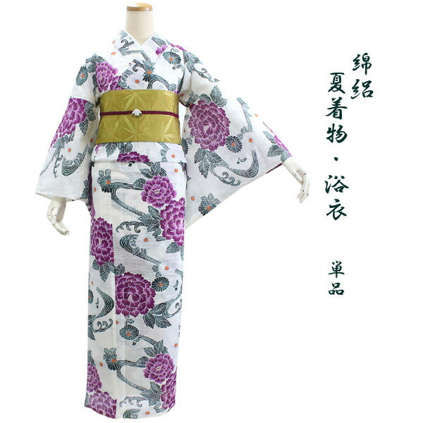 Ladies' Ro Cotton Yukata: Japanese Traditional Clothes  - White Green Running Water Chrysanthemum