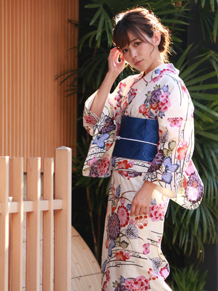 Ladies' Cotton Yukata Ivory Flowers Watuu