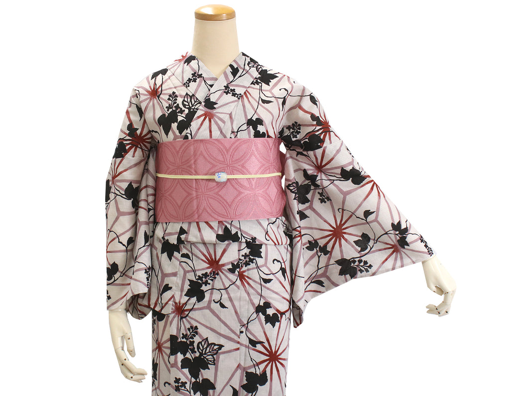 Ladies' Cotton Yukata : Japanese Traditional Clothes - Pink Beige Asanoha Ivy ICHIDA HIROMI KONOMI
