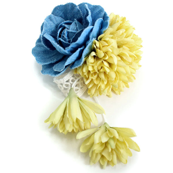 Corsage Hair Accessory Clip  for Japanese Traditional Clothes -  Denim Rose Yellow Gerbera