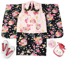 画像をギャラリービューアに読み込む, Girl&#39;s Formal Kimono 7 Item Set : Japanese Traditional Clothes- Black Pink Flower
