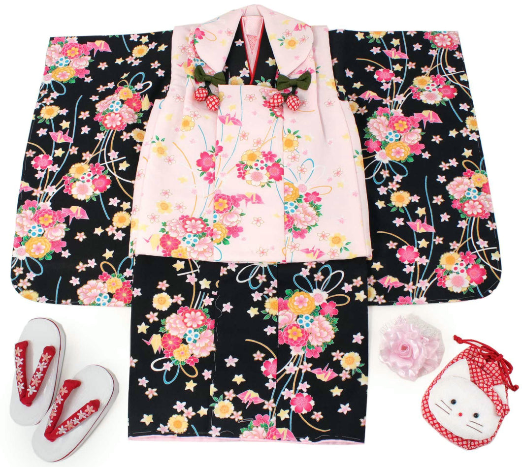 Girl's Formal Kimono 7 Item Set : Japanese Traditional Clothes- Black Pink Flower