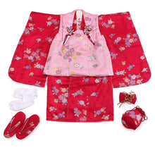 画像をギャラリービューアに読み込む, Girl&#39;s Formal Silk Kimono 7 Item Set : Japanese Traditional Clothes- Red x Flowers
