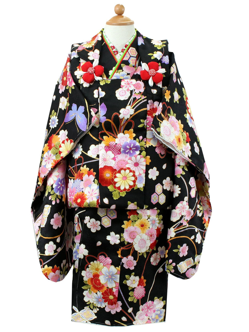 Girl's Formal Silk Kimono 7 Item Set: Japanese Traditional Clothes - Black x Flower Butterfly