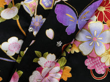 將圖片載入圖庫檢視器 Girl&#39;s Formal Silk Kimono 7 Item Set: Japanese Traditional Clothes - Black x Flower Butterfly
