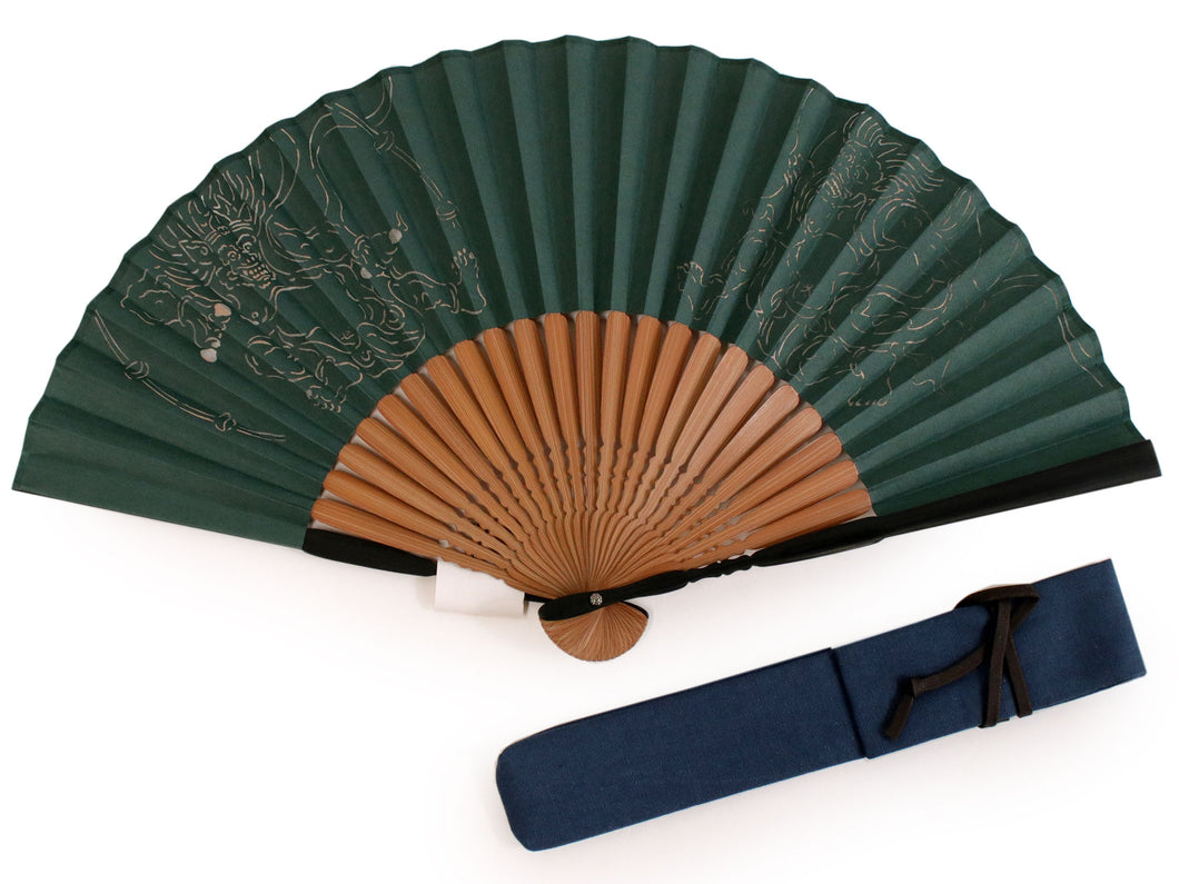 Men's Washi Papercut Art Sensu :Japanese Traditional Folding Fan and  Fan Bag 2-Piece Set - Dark Green Fuujin Raijin