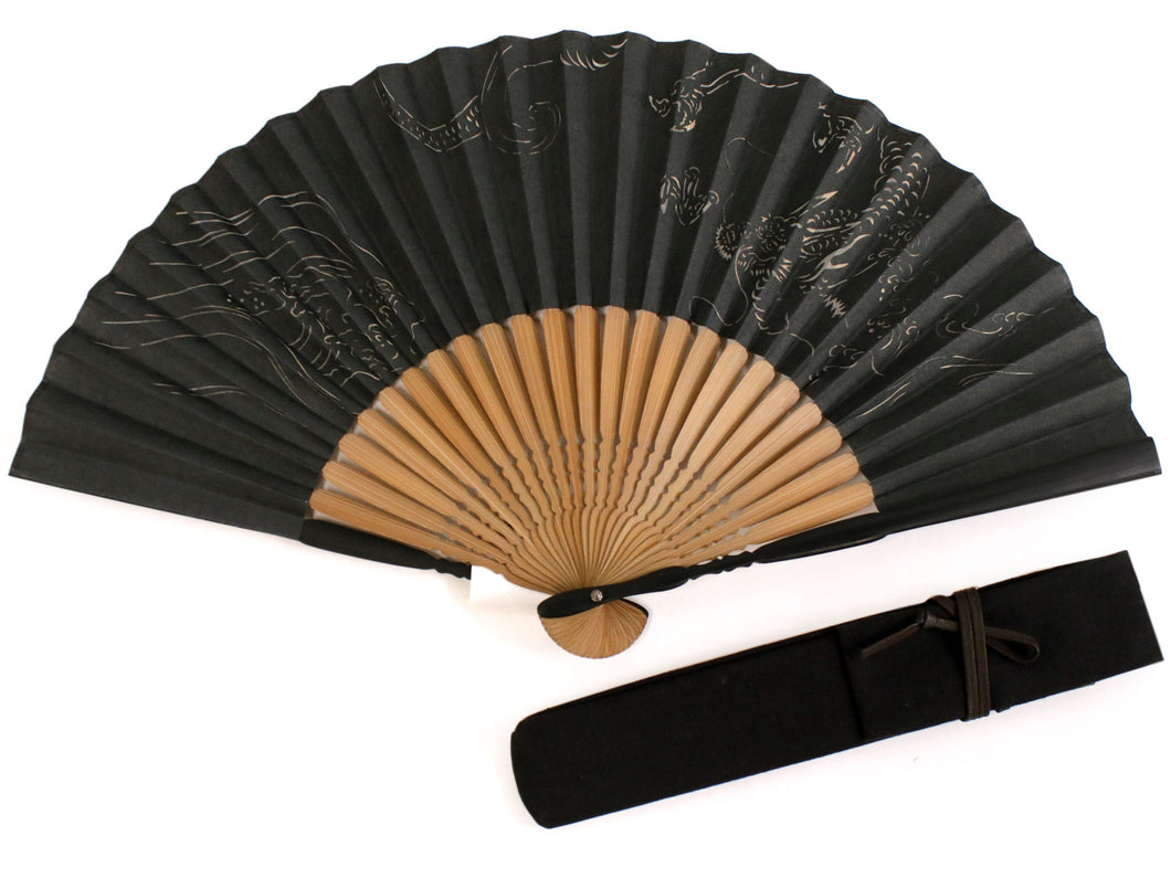 Men's Japanese paper-cutting fan & fan bag 2-piece set silk back cutout gauze type black base dragon