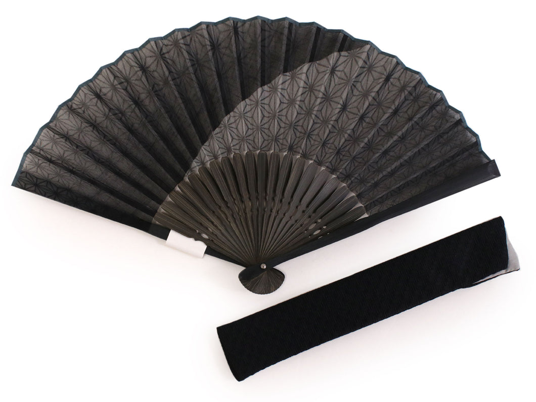 Men's Cotton Linen Sensu :Japanese Traditional Folding Fan & Fan Bag 2 Piece Set - gray linen leaf