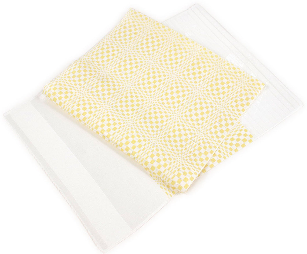Silk Obiage Sha Leno for Japanese Traditional Kimono - White x Yellow Geometric