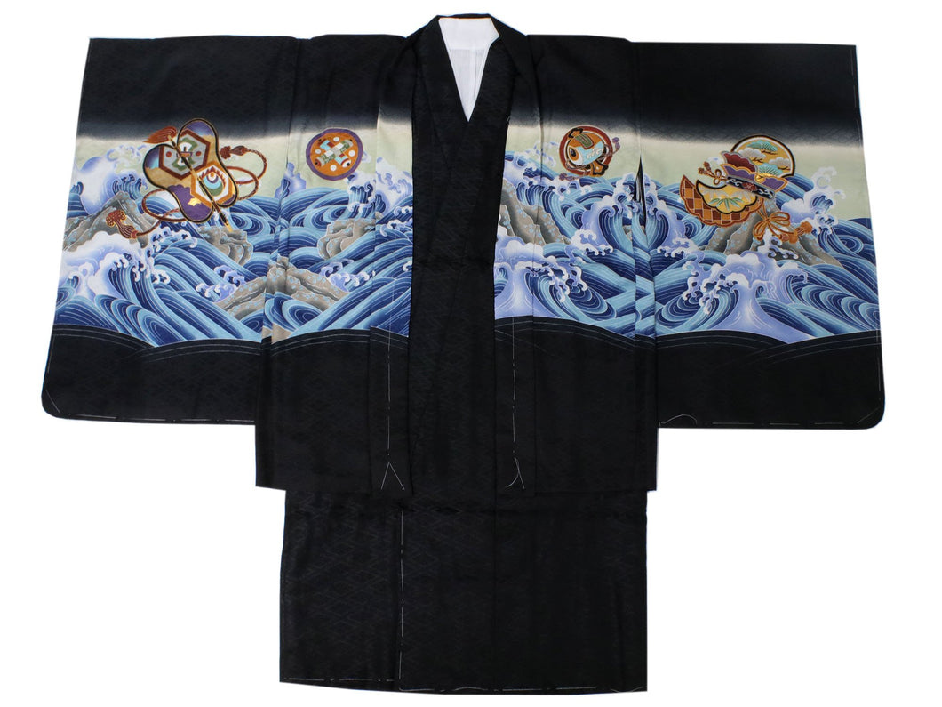 Boy's Kimono Haori Jacket Nagajyuban 3 Set Black: Japanese Traditional Clothes