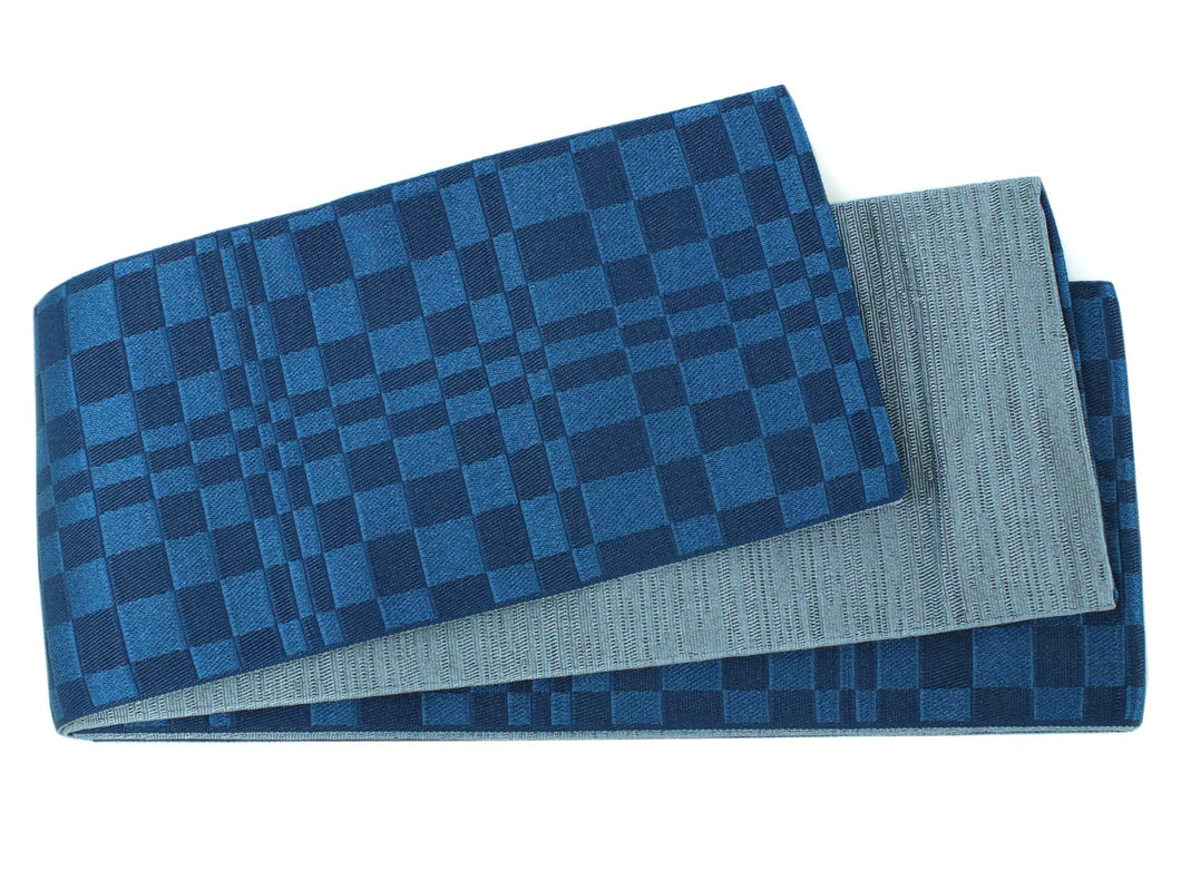 Men's Washable Obi Belt Reversible  for Japanese Traditional Kimono:  Navy blue Check x Light Gray Stripe