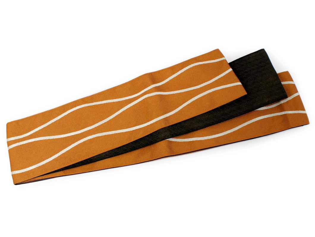 Men's Washable Obi Belt Reversible  for Japanese Traditional Kimono:  Wavy Line Pattern Yellow x Dark Brown